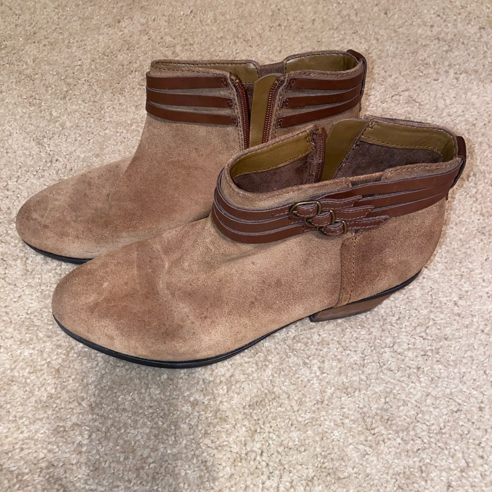 Tan Suede Ankle Booties with Buckle Detail